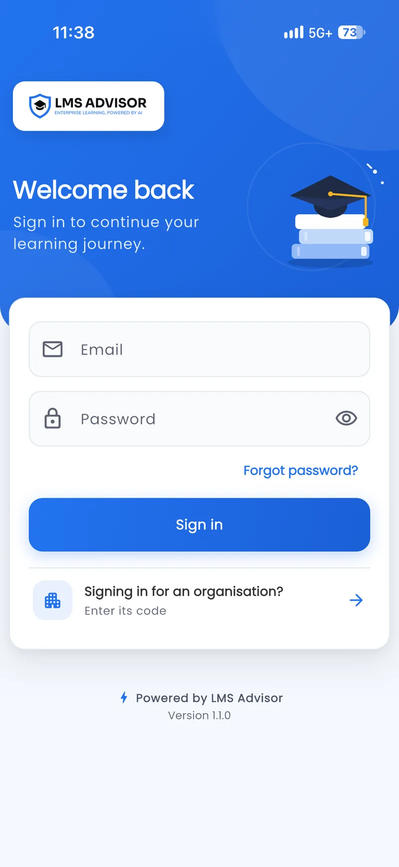 LMS Advisor mobile app sign-in screen with email and password fields and an organization code option