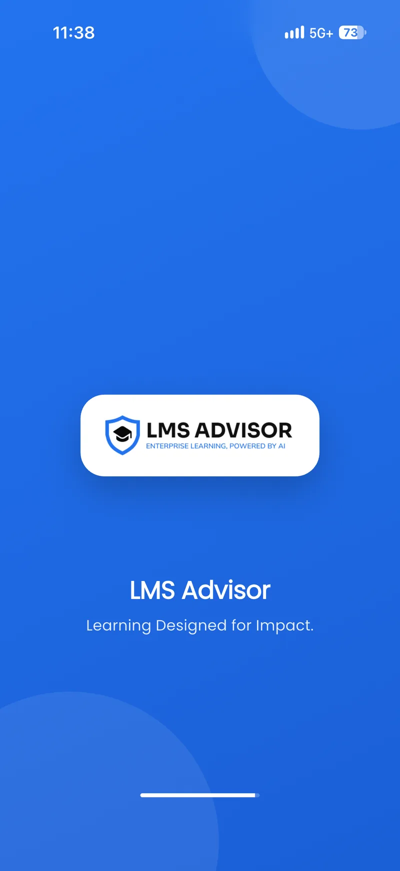 LMS Advisor mobile app opening screen with the LMS Advisor logo on a blue background