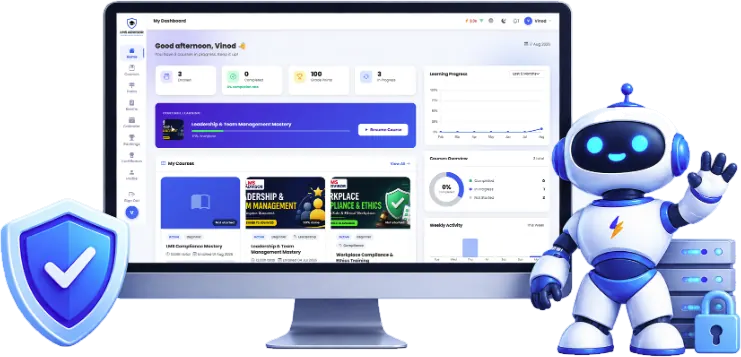 LMS Advisor learner dashboard showing courses, progress and weekly activity