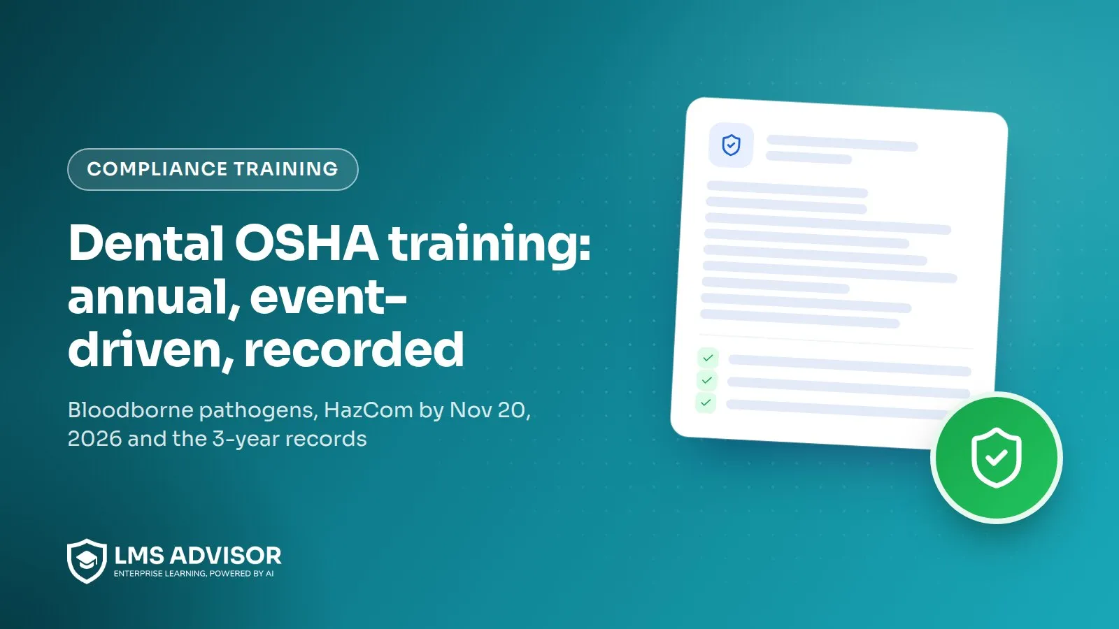 Dental OSHA training requirements cover illustration: a shield with a check mark above a calendar marking annual and event-driven training