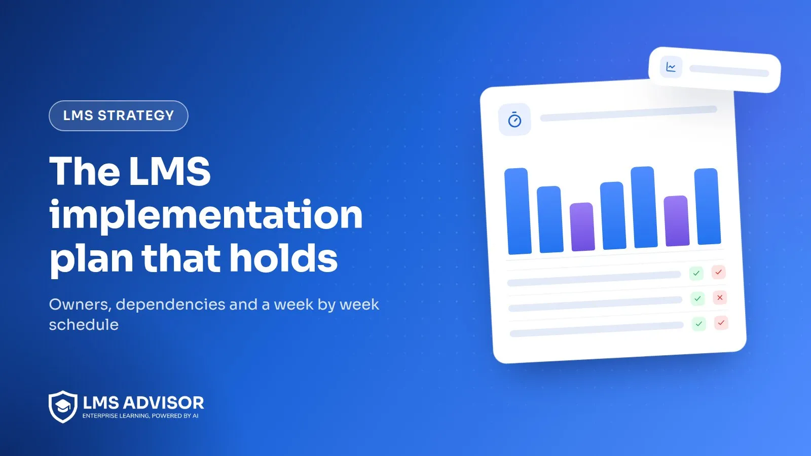 LMS implementation timeline cover illustration: a timer icon above a week by week project schedule