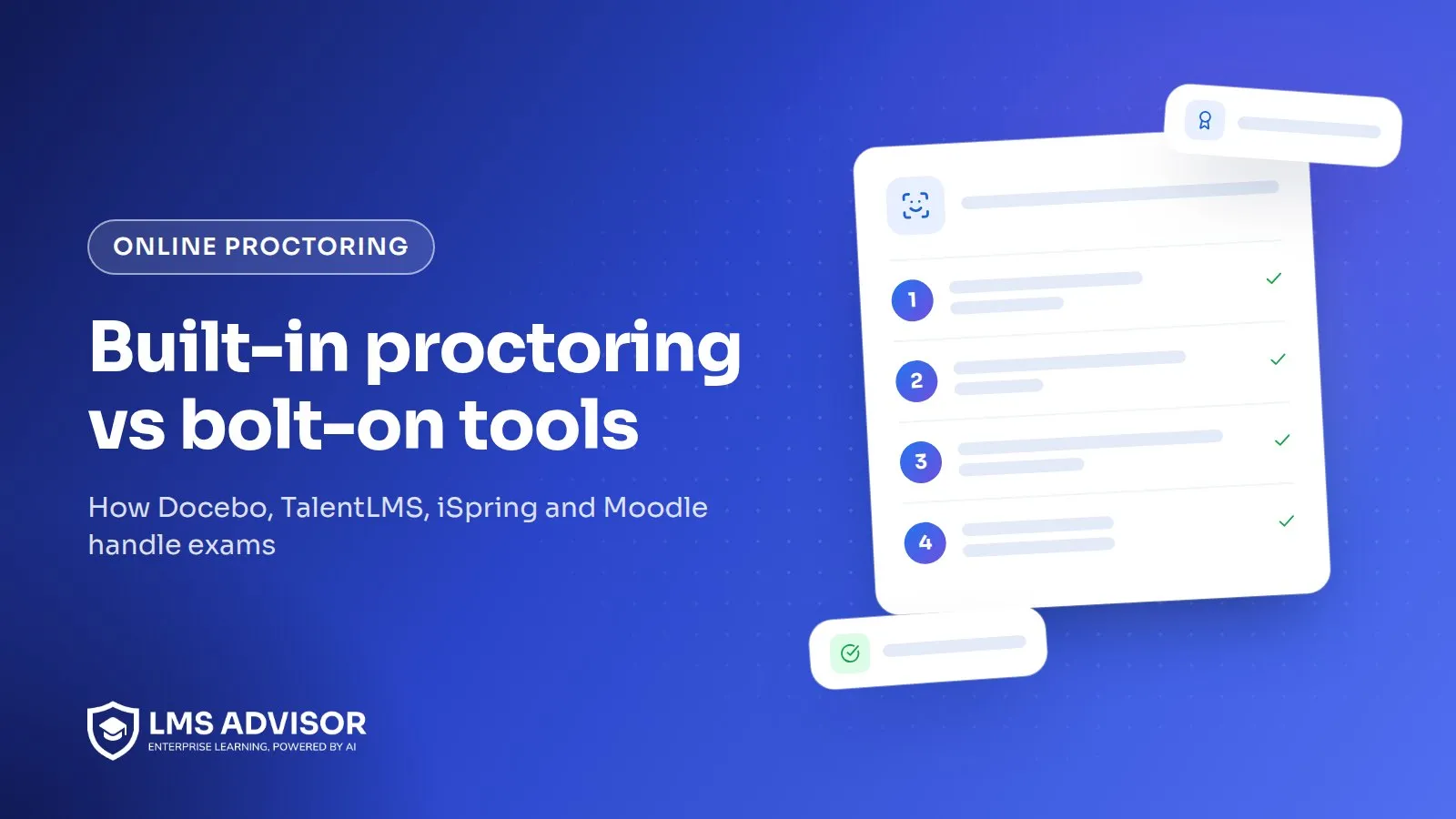 LMS with built-in proctoring cover illustration: a face scan icon over an exam screen