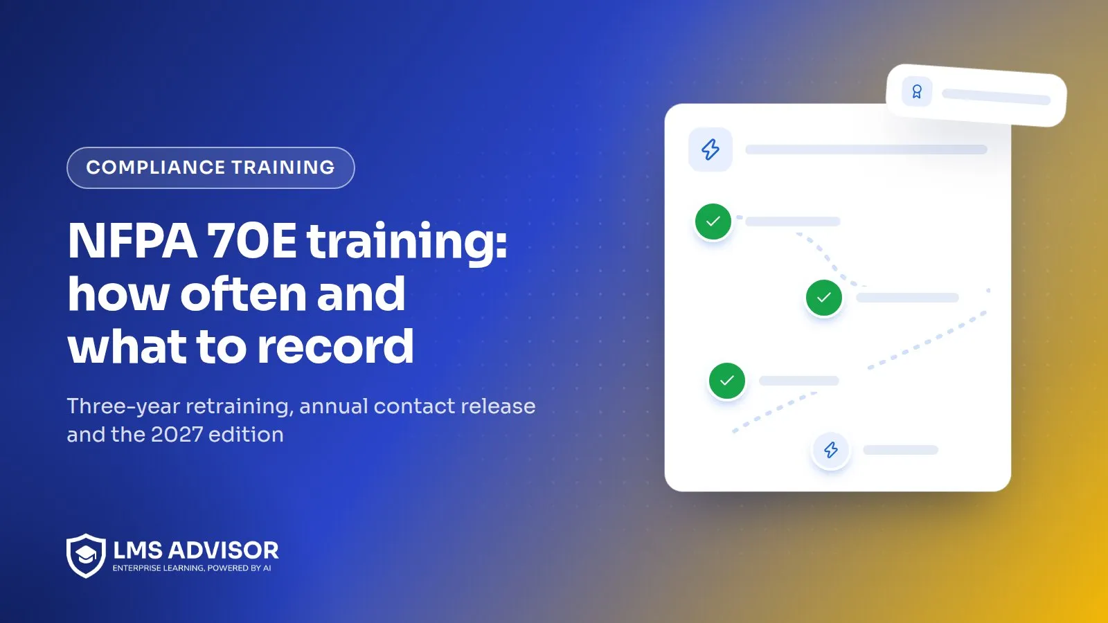 NFPA 70E training requirements cover illustration: a lightning bolt icon above a dated electrical safety training record