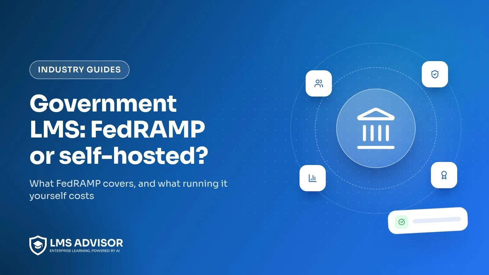 Self-hosted LMS for government cover illustration: a government building icon beside two hosting routes