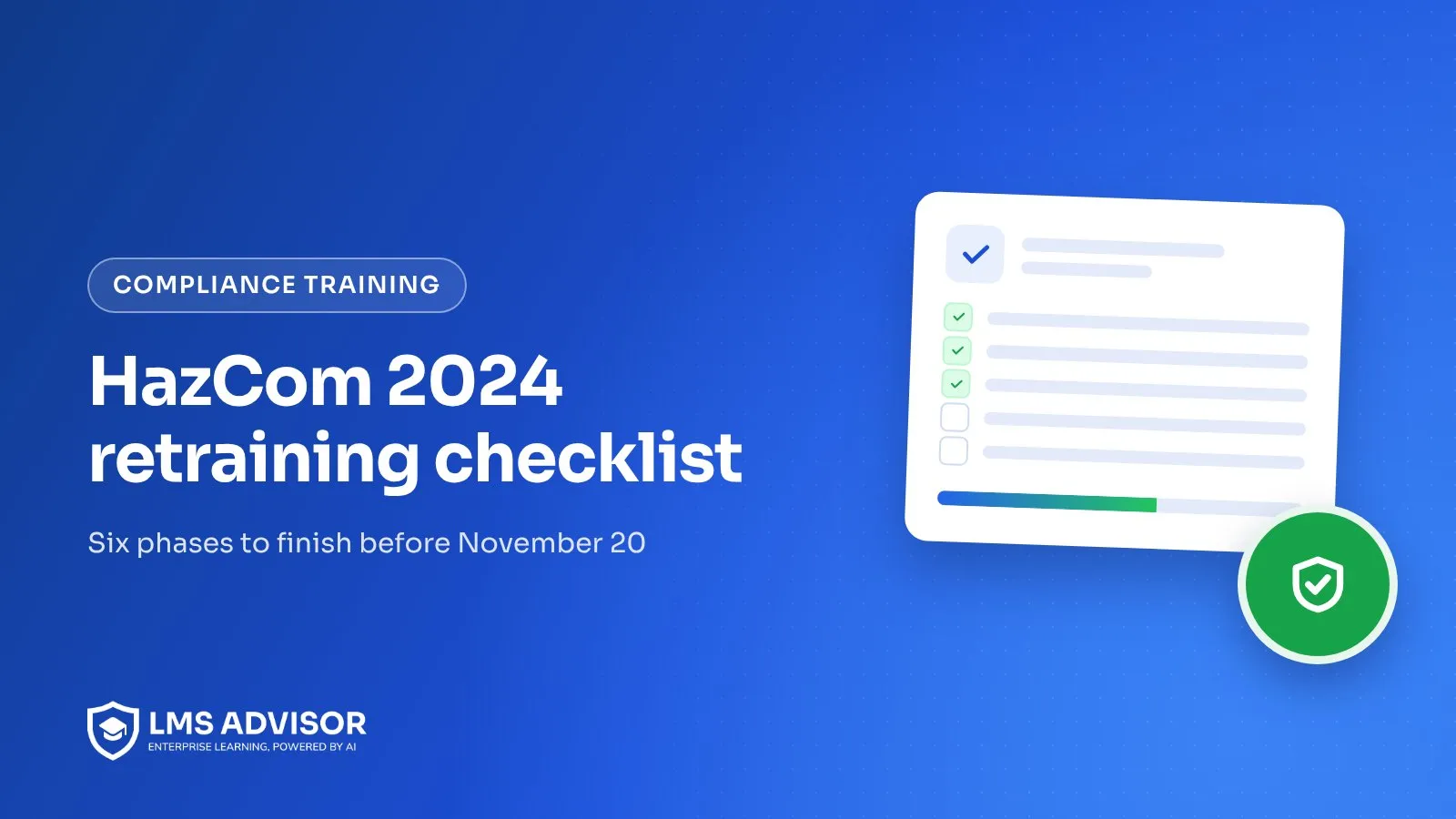 HazCom 2024 retraining checklist cover illustration: a clipboard with six ticked phases next to a small labeled chemical vial