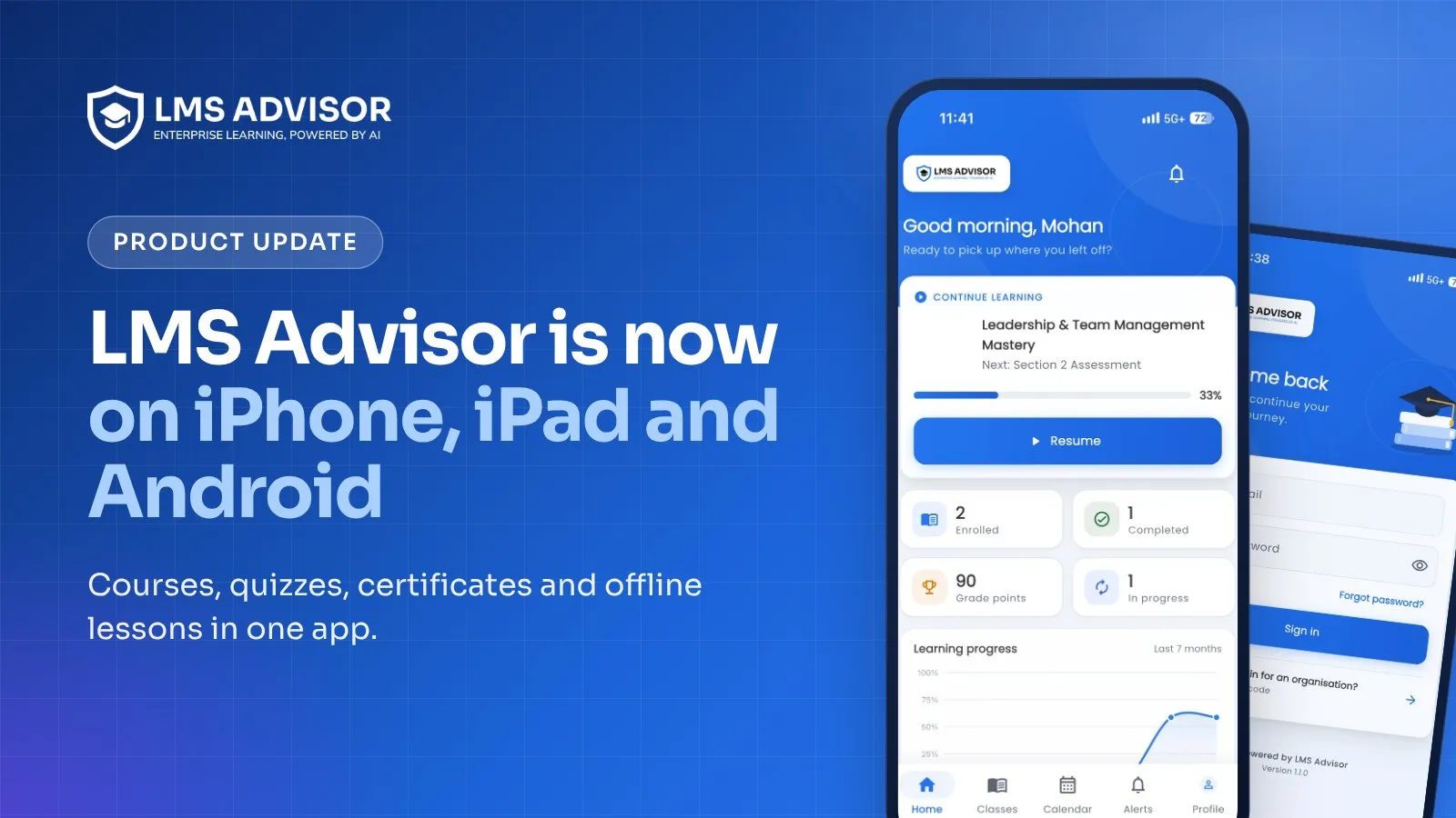 LMS Advisor mobile app launch cover illustration: a smartphone icon beside the headline that the app is now on iPhone, iPad and Android