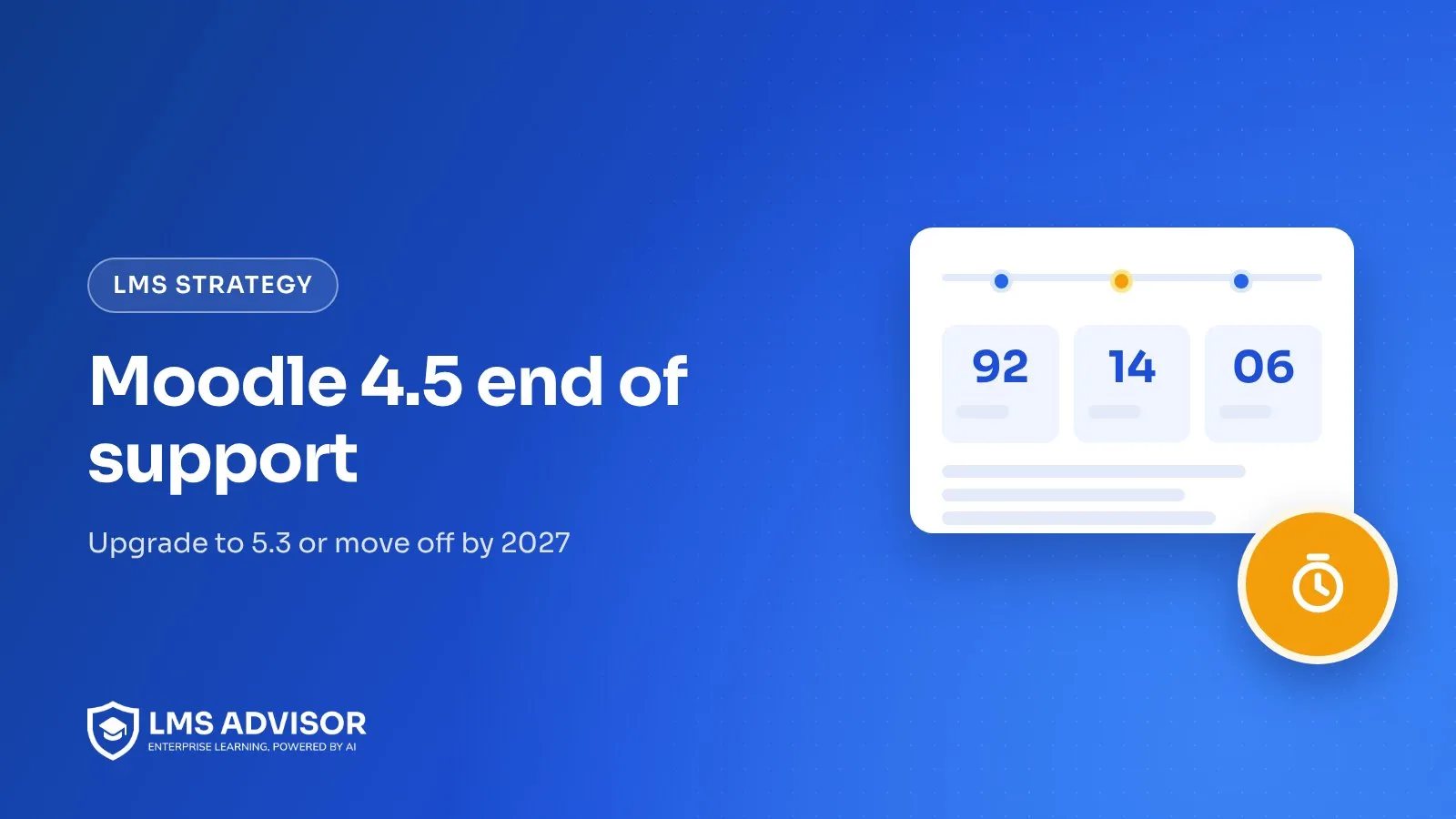 Moodle 4.5 end of support cover illustration: a calendar marking October 4, 2027 beside two paths, an upgrade arrow and a migration arrow